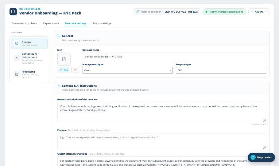 Paramètres du cas d’usage : contexte et instructions IA